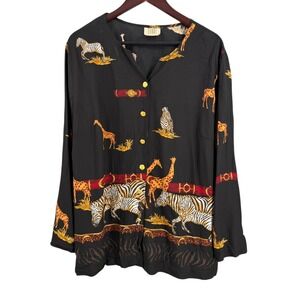VTG Teddi Woman Black Safari Animal Print Button Front Blouse Top Estimated 1X
